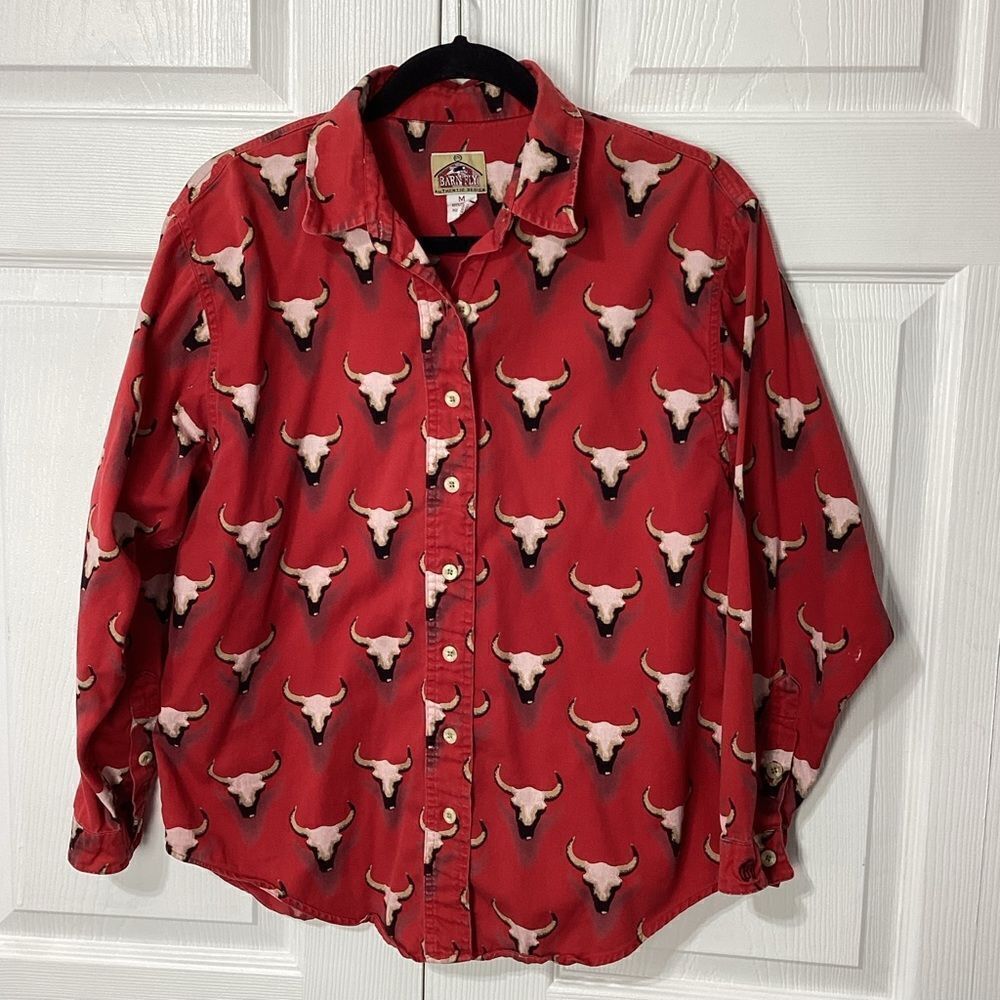 Barn Fly Vintage Western Button Front Shirt Red With Bull Horn Design M - Picture 12 of 12